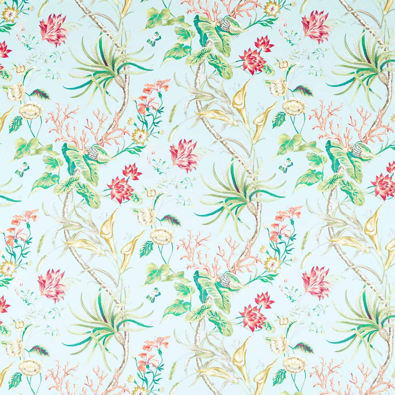Tropical botanical fabric on pale aqua ground with coral flowers and green leaves