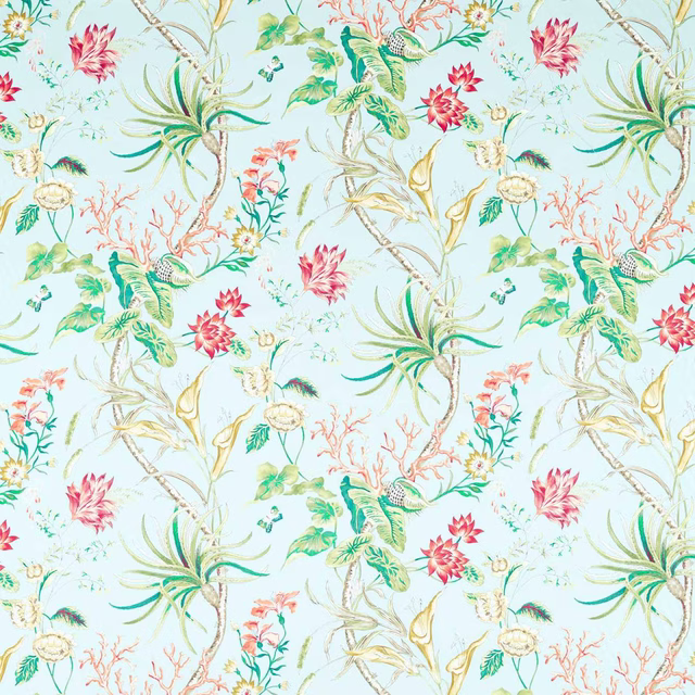 Tropical botanical fabric on pale aqua ground with coral flowers and green leaves