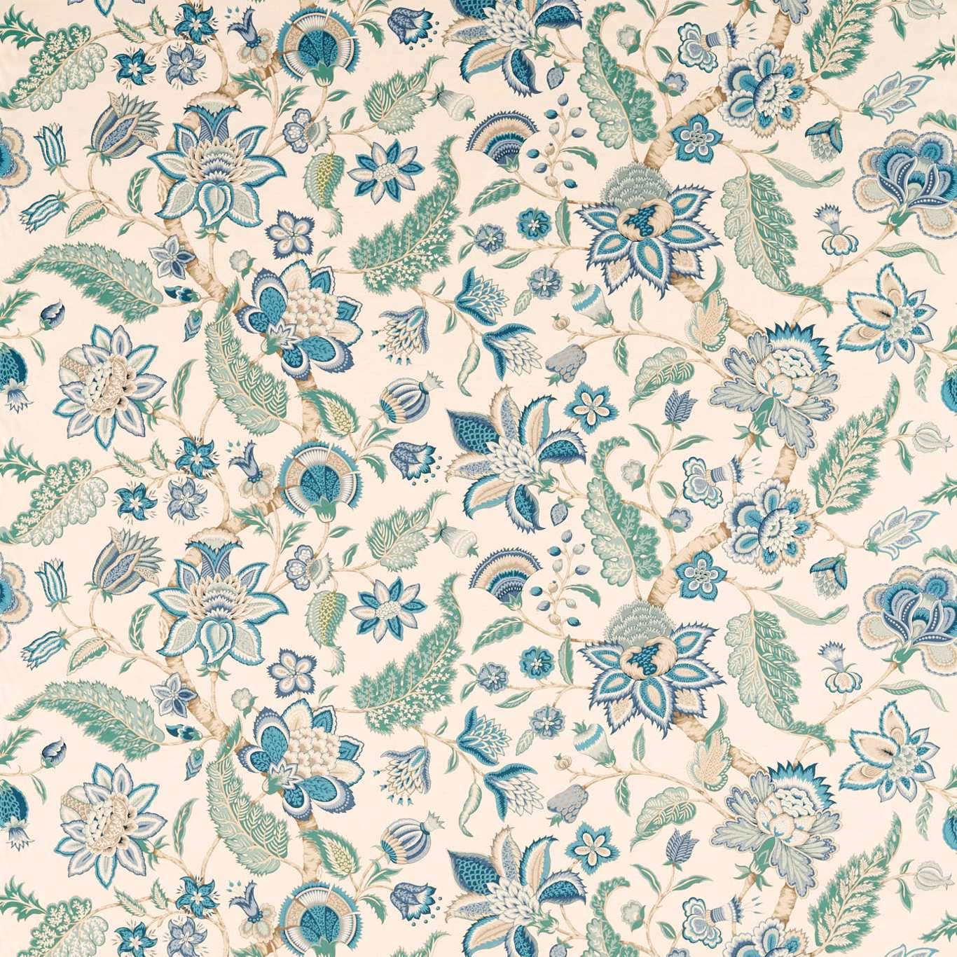 Large-scale floral fabric with eucalyptus green and cadet blue flowers on ivory