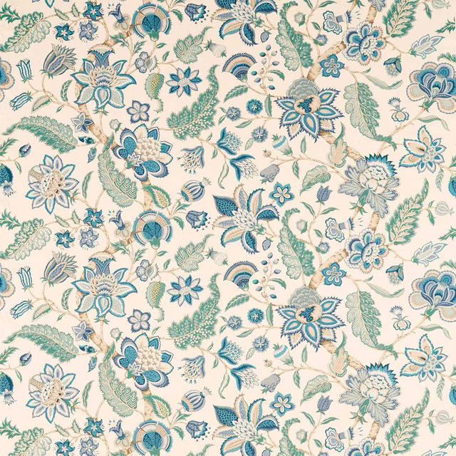 Large-scale floral fabric with eucalyptus green and cadet blue flowers on ivory