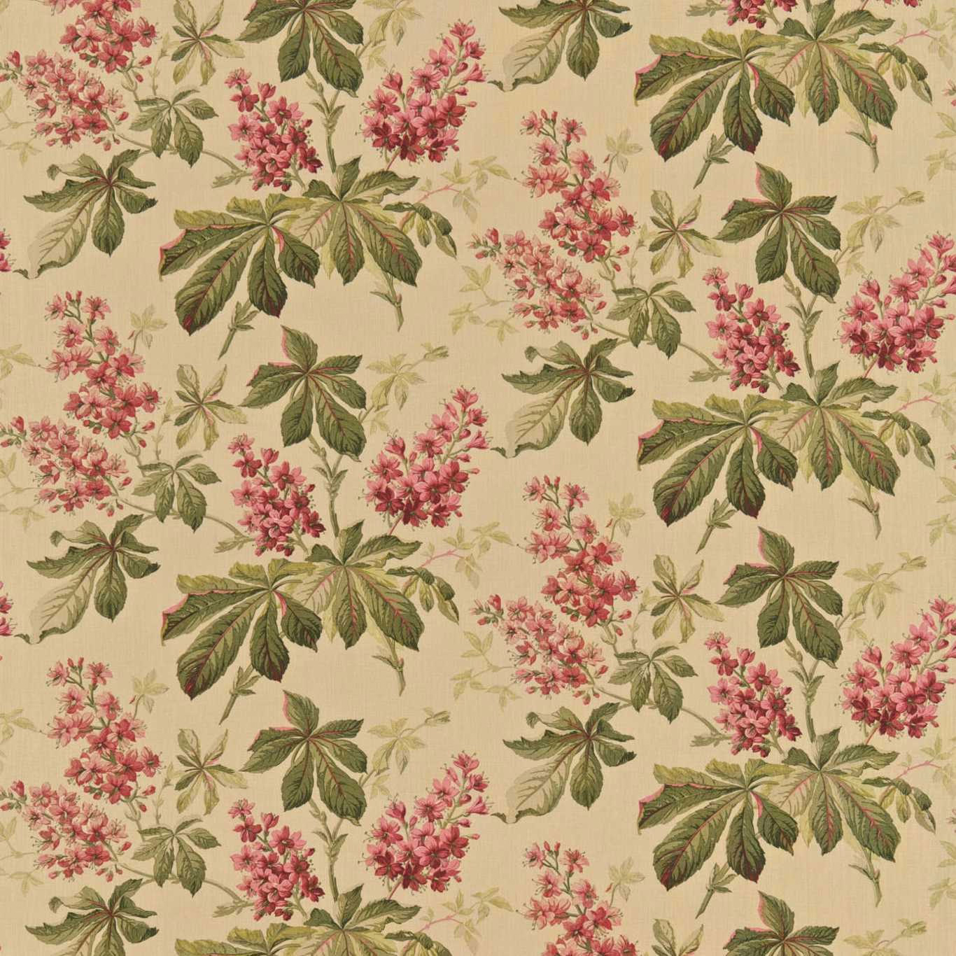 Large floral fabric with ruby pink blossoms, emerald leaves and cream ground
