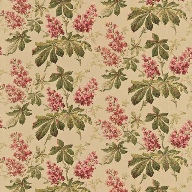 Large floral fabric with ruby pink blossoms, emerald leaves and cream ground
