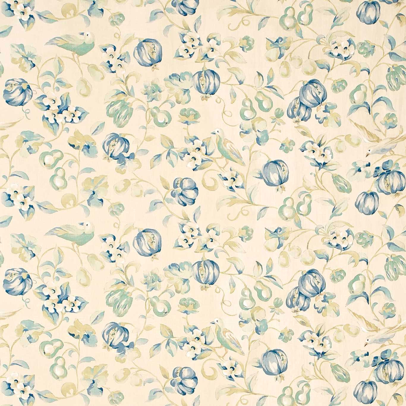Pale floral fabric with soft china blue blooms and green leafy trails