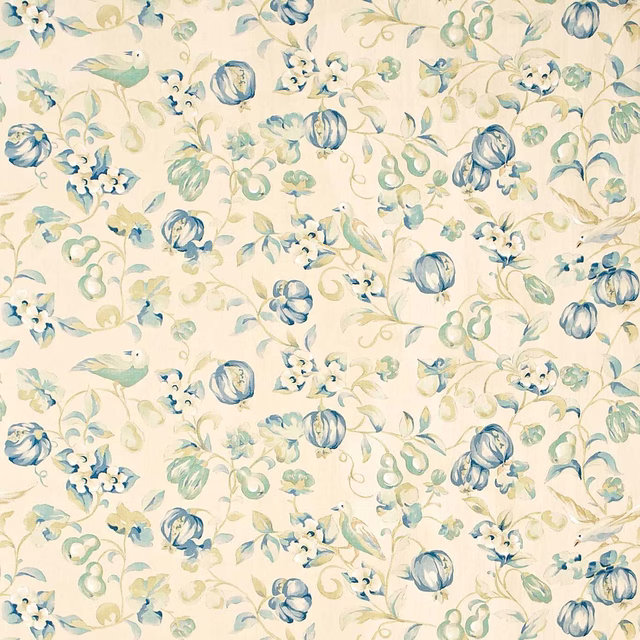 Pale floral fabric with soft china blue blooms and green leafy trails