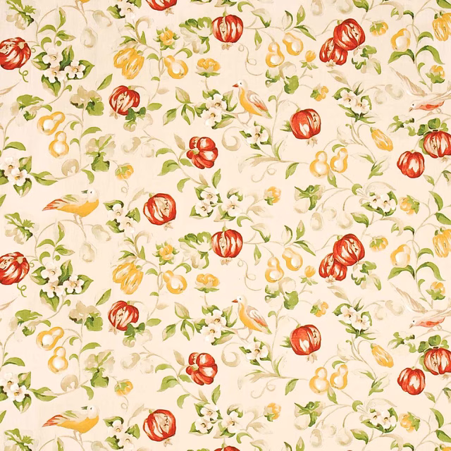 Cream floral fabric with vermillion pomegranates, lemon pears and green vines