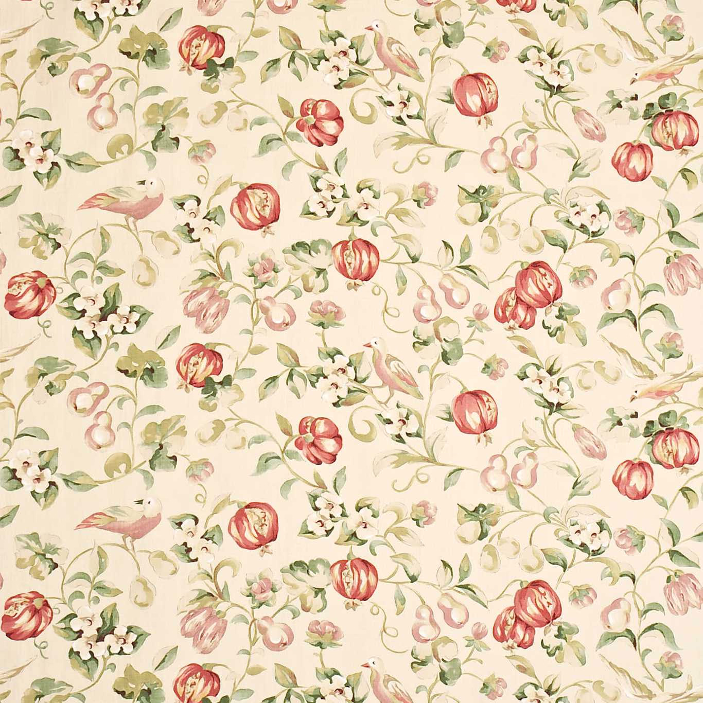 Cream floral fabric with mauve pears, fennel leaves and small birds