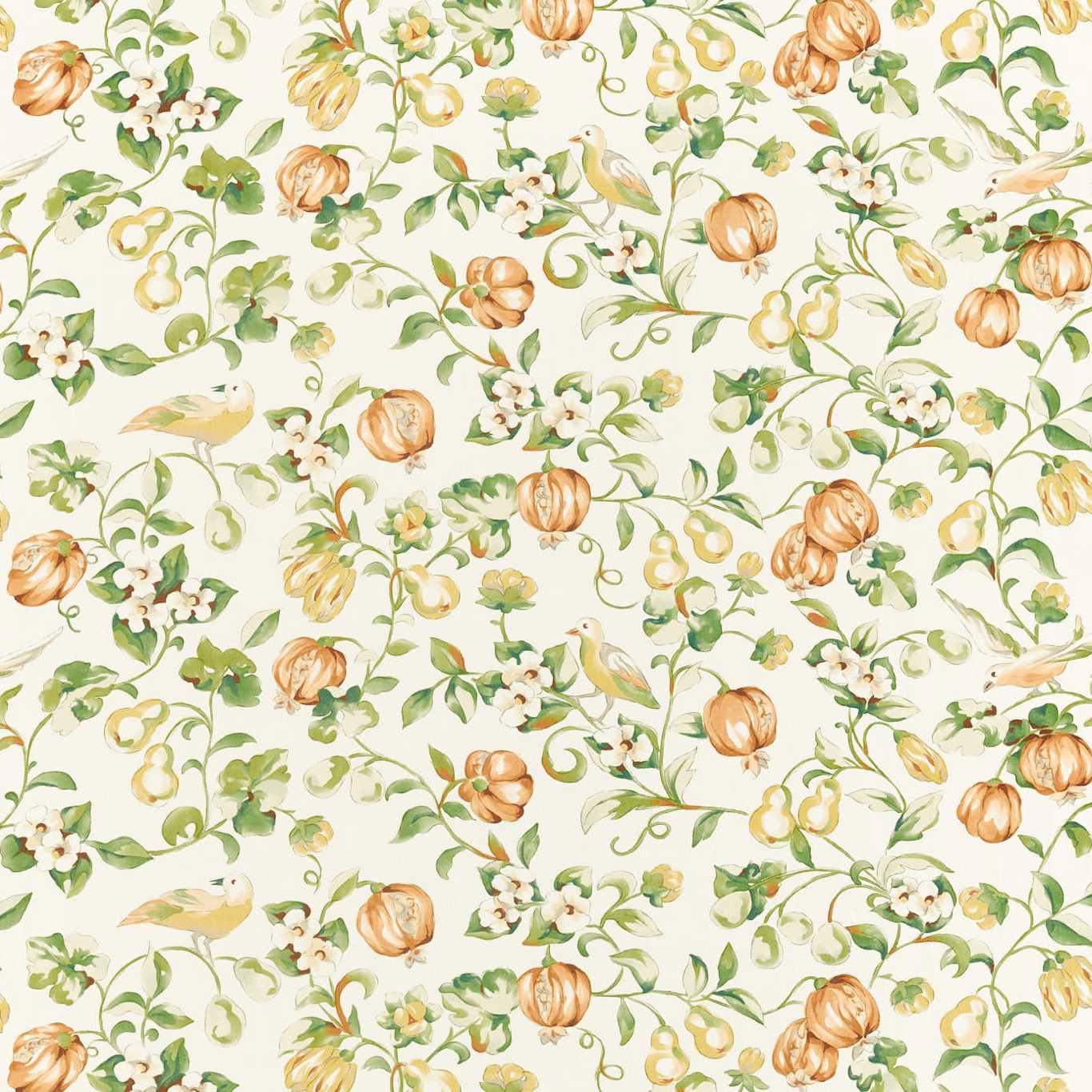 Botanical fabric swatch with pear-green vines, papaya fruit and cream ground