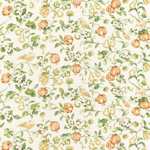 Botanical fabric swatch with pear-green vines, papaya fruit and cream ground