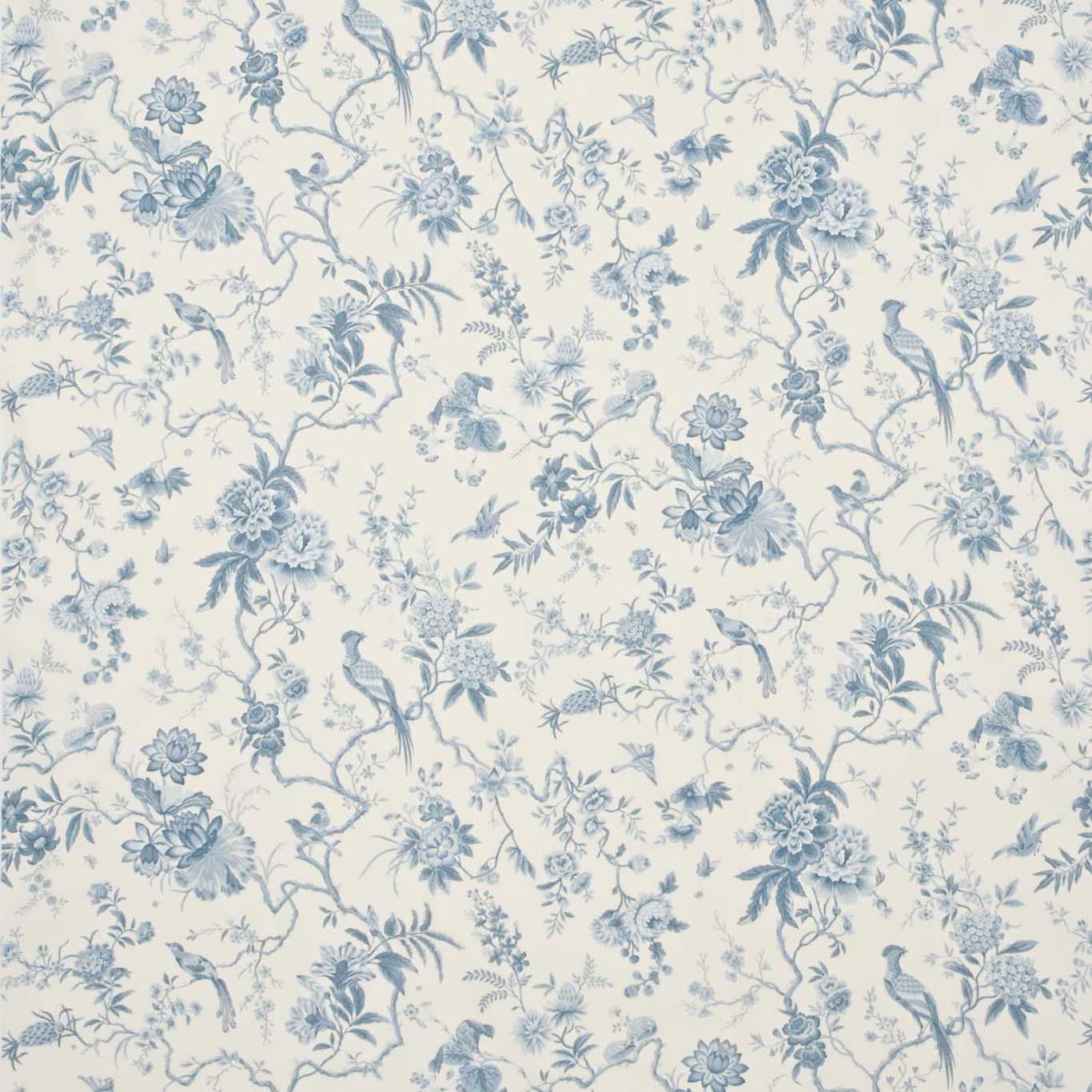 Ivory toile fabric with china blue birds, flowers and branches