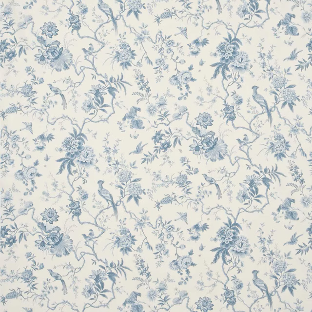 Ivory toile fabric with china blue birds, flowers and branches