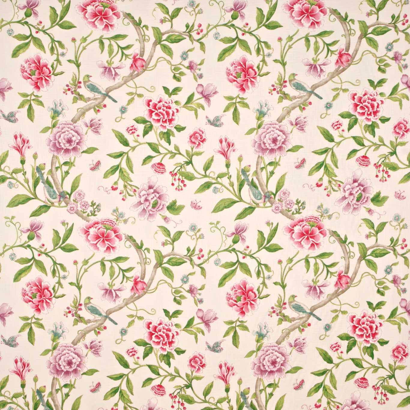 Large-scale magenta and pink floral print with leaf green stems on a cream ground