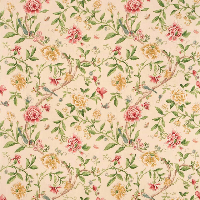 Cream floral fabric with red and beige roses, green trailing stems and painterly vines