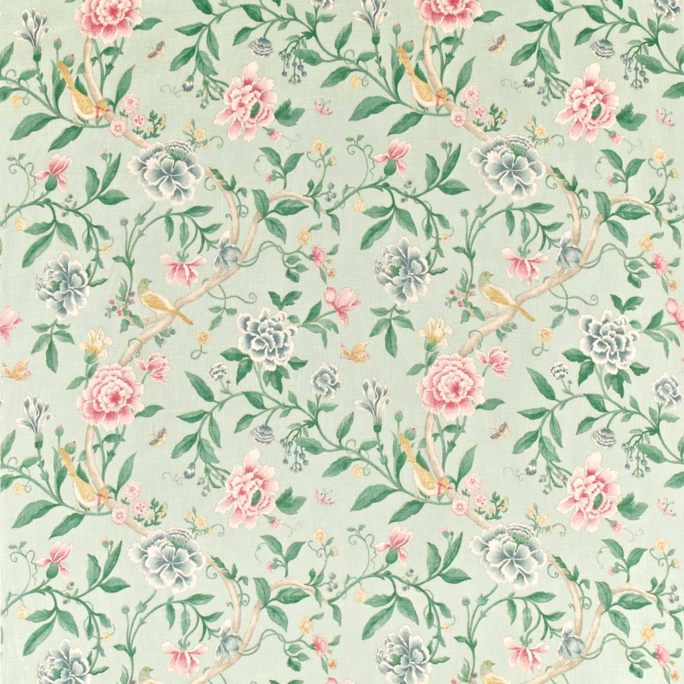 Duck egg floral fabric with pink roses, green leaves and birds
