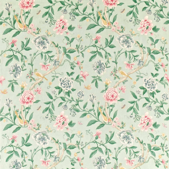 Duck egg floral fabric with pink roses, green leaves and birds