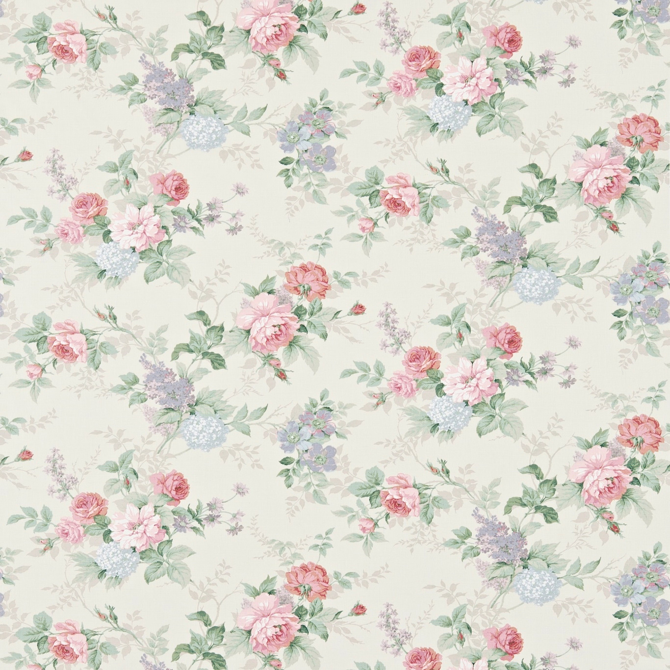 Cream floral fabric with pink and lilac bouquets and soft green leaves