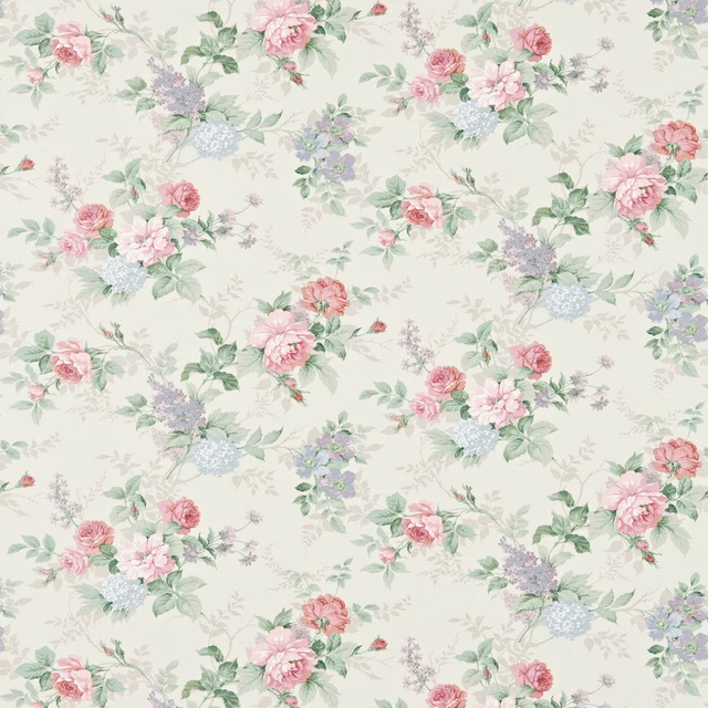 Cream floral fabric with pink and lilac bouquets and soft green leaves
