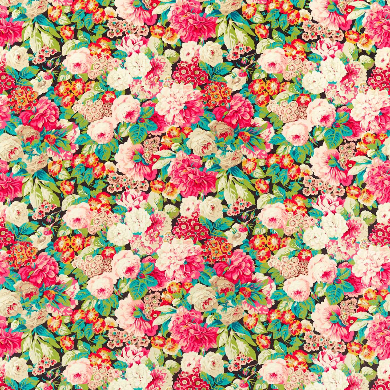 Dense multicoloured floral fabric with cerise roses, teal leaves and dark ground