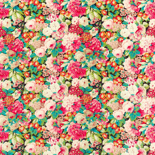 Dense multicoloured floral fabric with cerise roses, teal leaves and dark ground