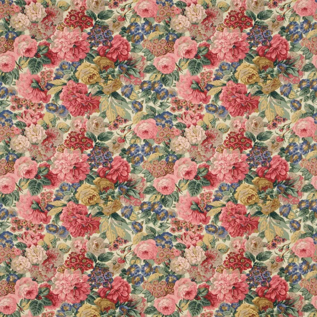 Dense floral fabric swatch with rose-red, pink and cream bouquets on a pale ground