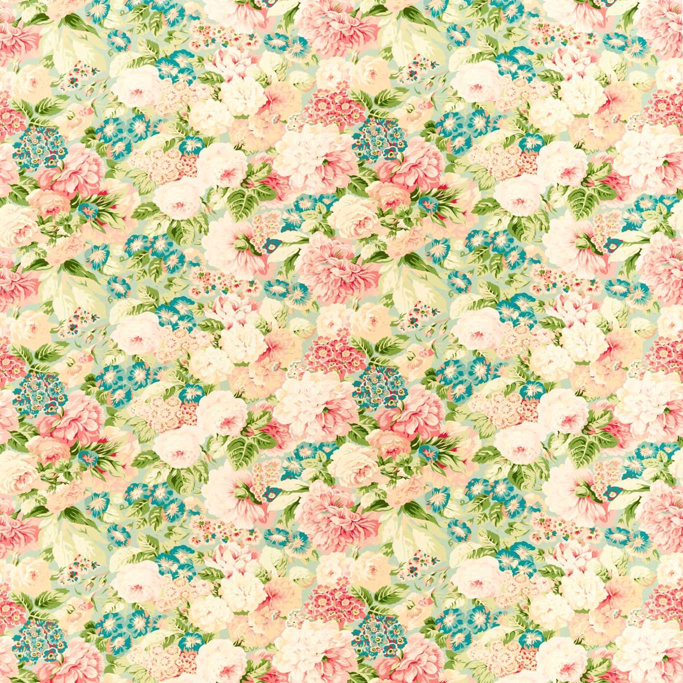 Dense floral fabric with sage leaves, coral pink blooms and turquoise accents