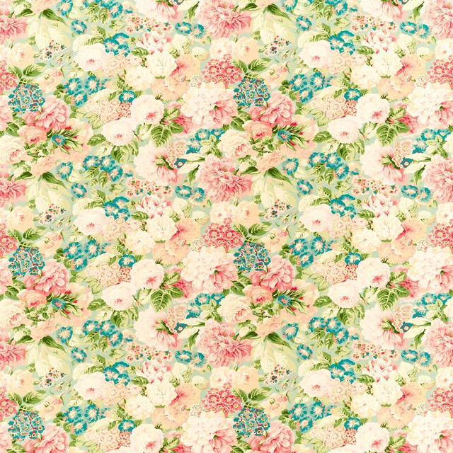 Dense floral fabric with sage leaves, coral pink blooms and turquoise accents