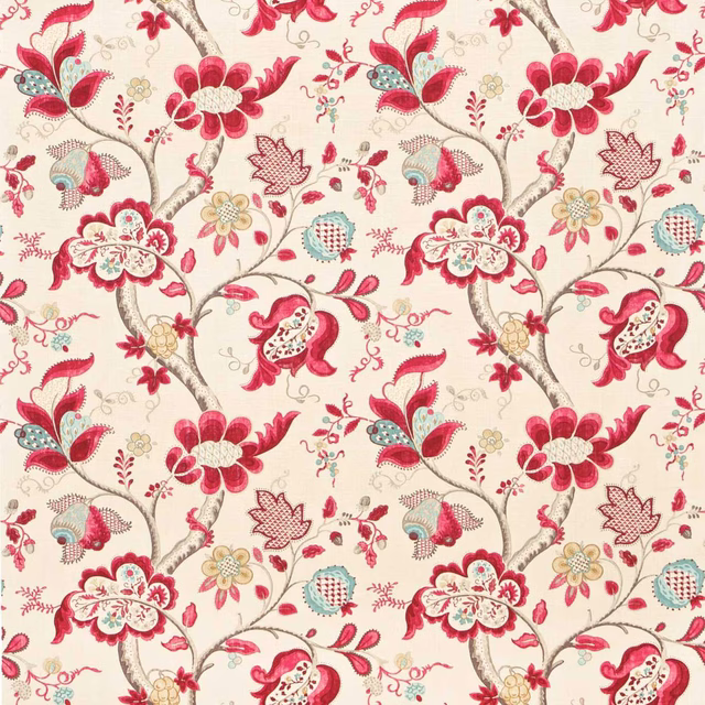 Cream ground floral fabric with berry pink blooms and slate-grey stems