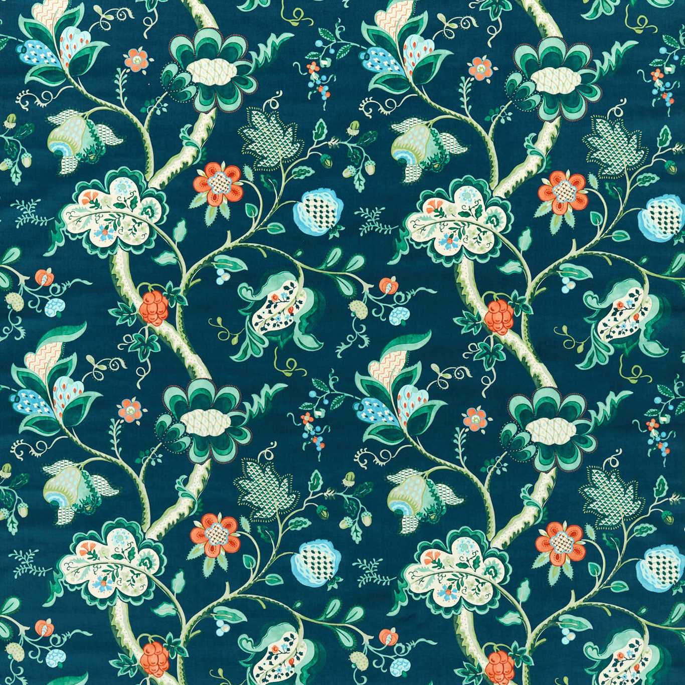 Teal floral patterned fabric with cream, mint and coral accents