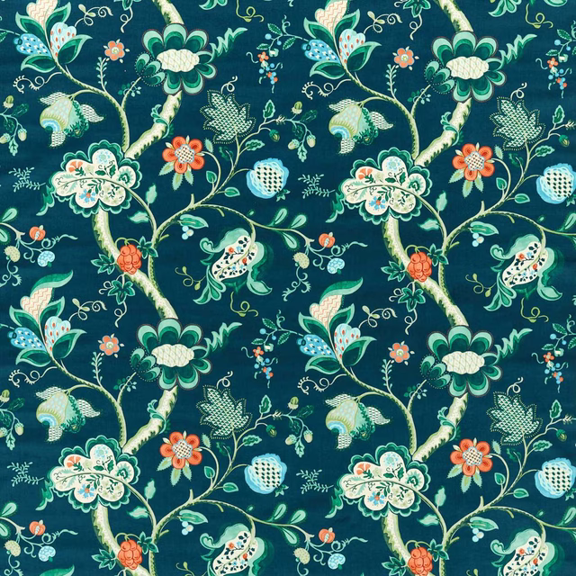 Teal floral patterned fabric with cream, mint and coral accents