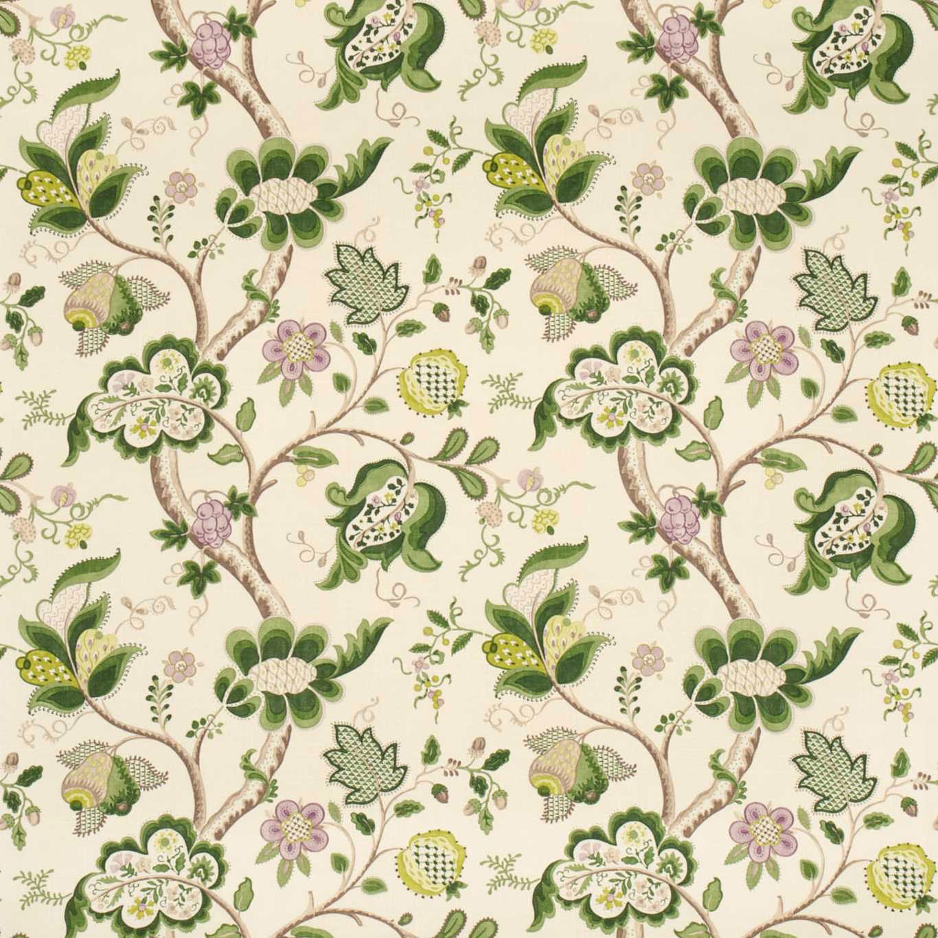 Large botanical fabric print with moss green leaves, lilac flowers and pale ground