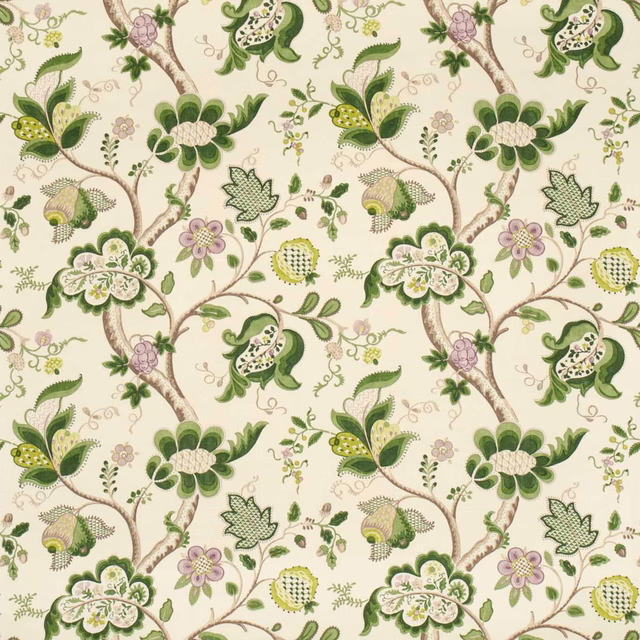 Large botanical fabric print with moss green leaves, lilac flowers and pale ground