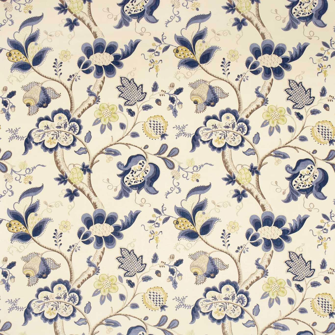 Cream fabric swatch with indigo and gold floral scrolling branches
