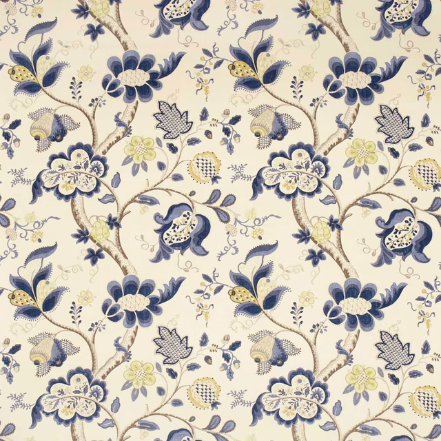 Cream fabric swatch with indigo and gold floral scrolling branches