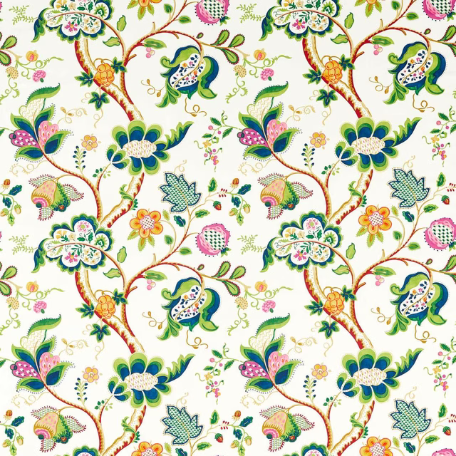 Ivory printed fabric with large winding floral motif in blue, green, pink and gold