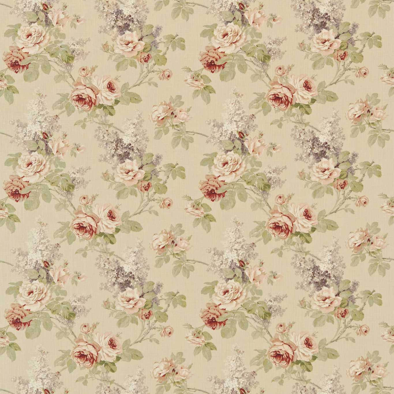 Biscuit floral fabric with claret roses and soft trailing leaves