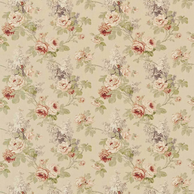 Biscuit floral fabric with claret roses and soft trailing leaves