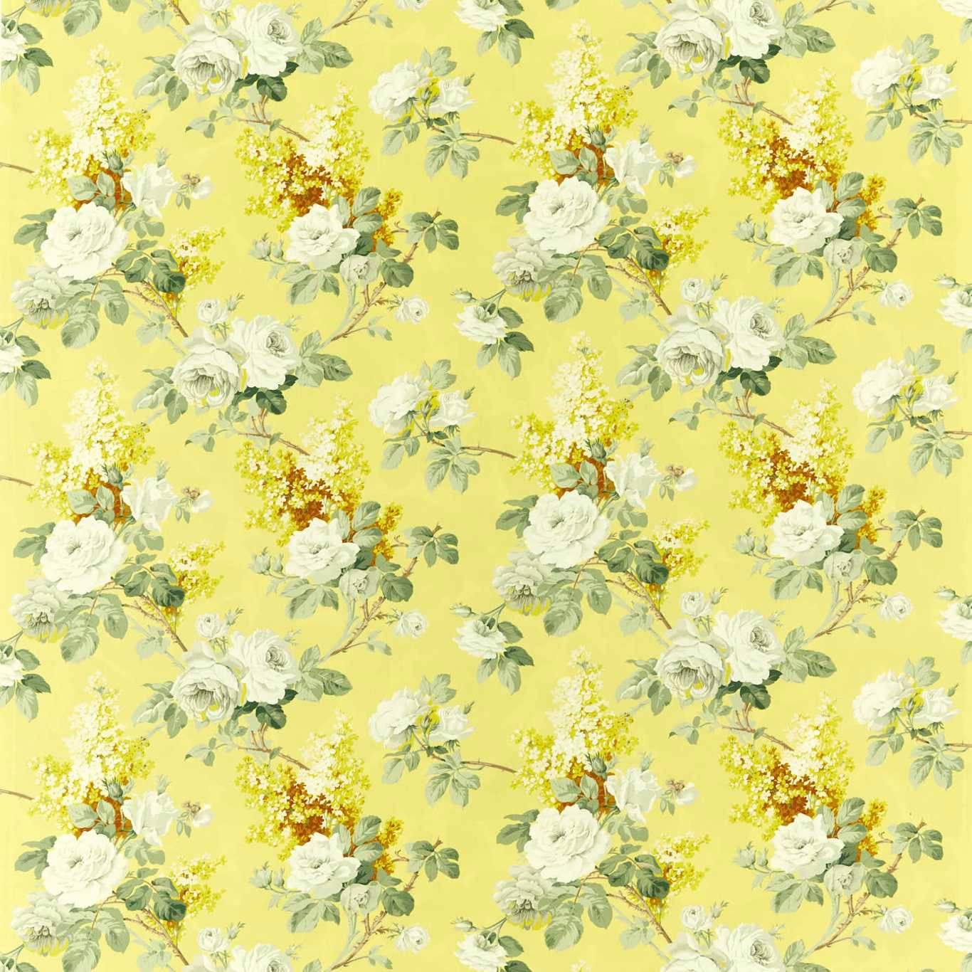 Yellow floral fabric with white roses, mimosa sprigs and sage foliage