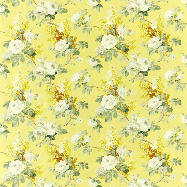 Yellow floral fabric with white roses, mimosa sprigs and sage foliage