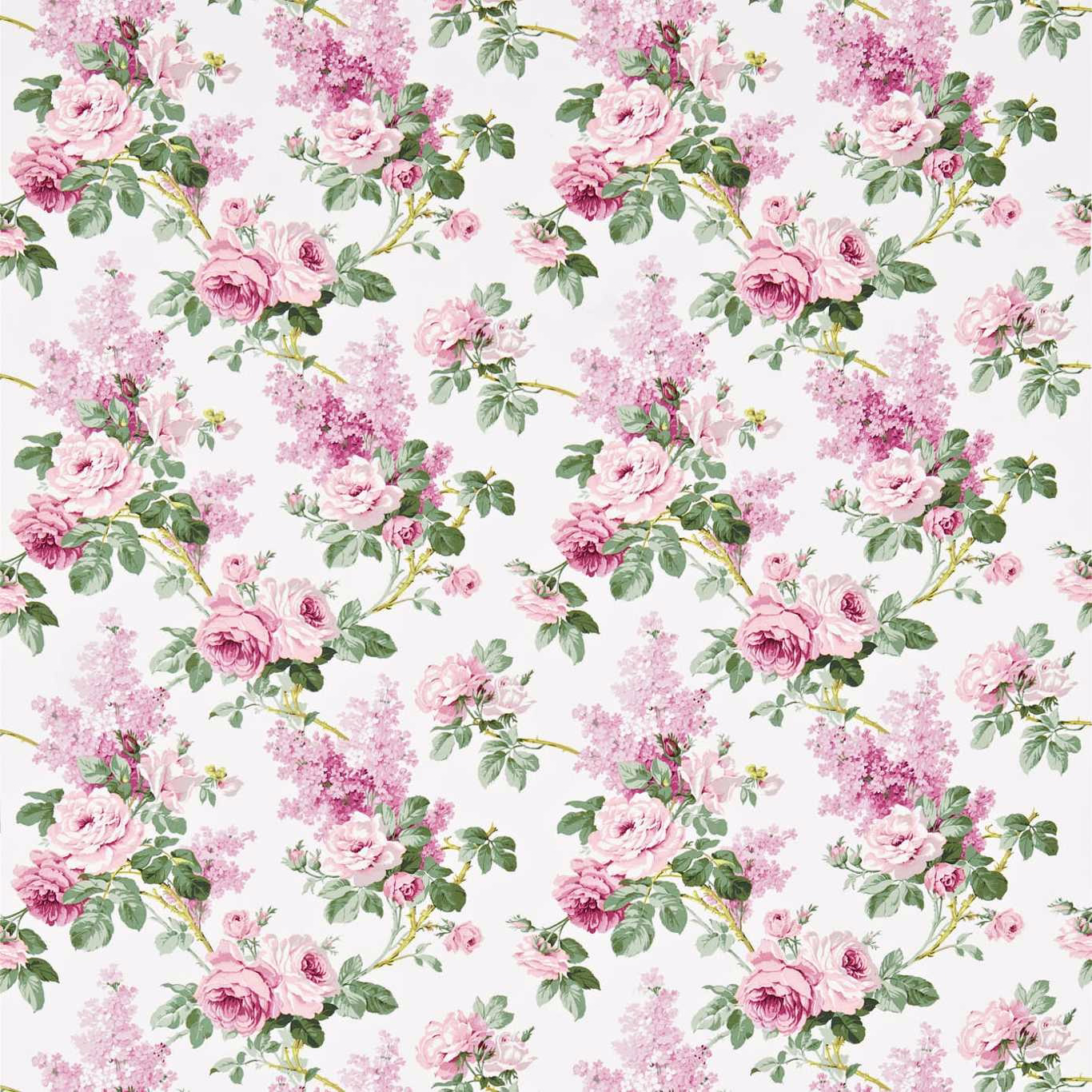 Pink and lilac floral print with roses, leafy stems and white ground