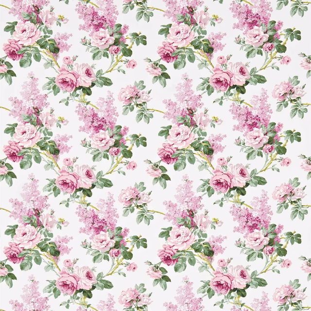 Pink and lilac floral print with roses, leafy stems and white ground