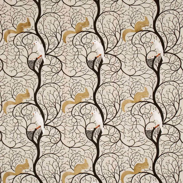 Ivory embroidered fabric with dark branch pattern, birds and squirrels