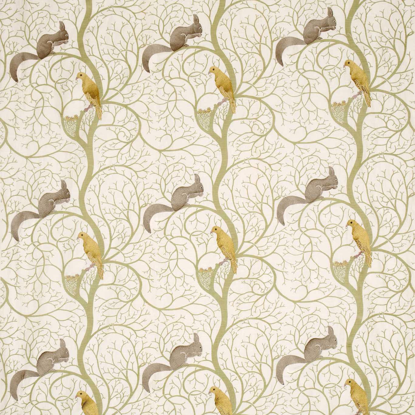 Embroidered squirrel and dove fabric with sage branching trellis and cream ground