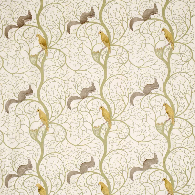 Embroidered squirrel and dove fabric with sage branching trellis and cream ground