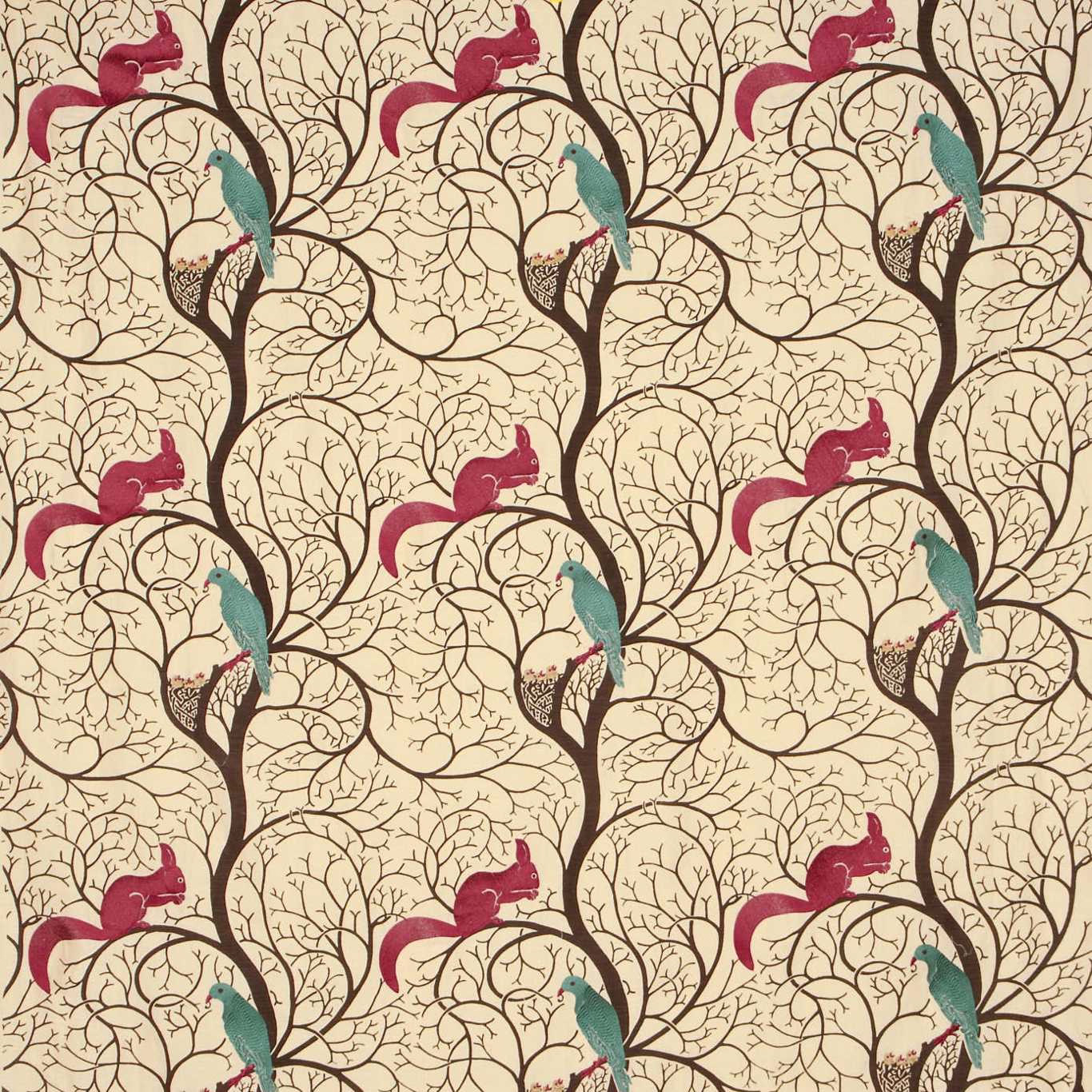 Cream fabric swatch with brown branch pattern, teal birds and red squirrels