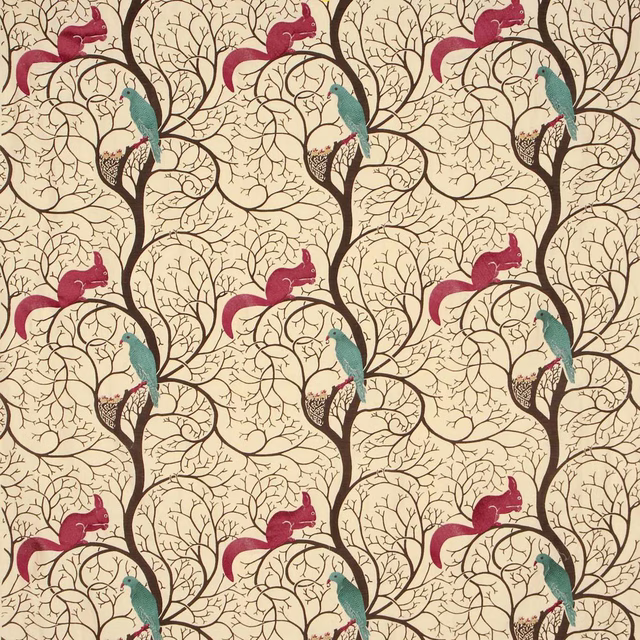 Cream fabric swatch with brown branch pattern, teal birds and red squirrels