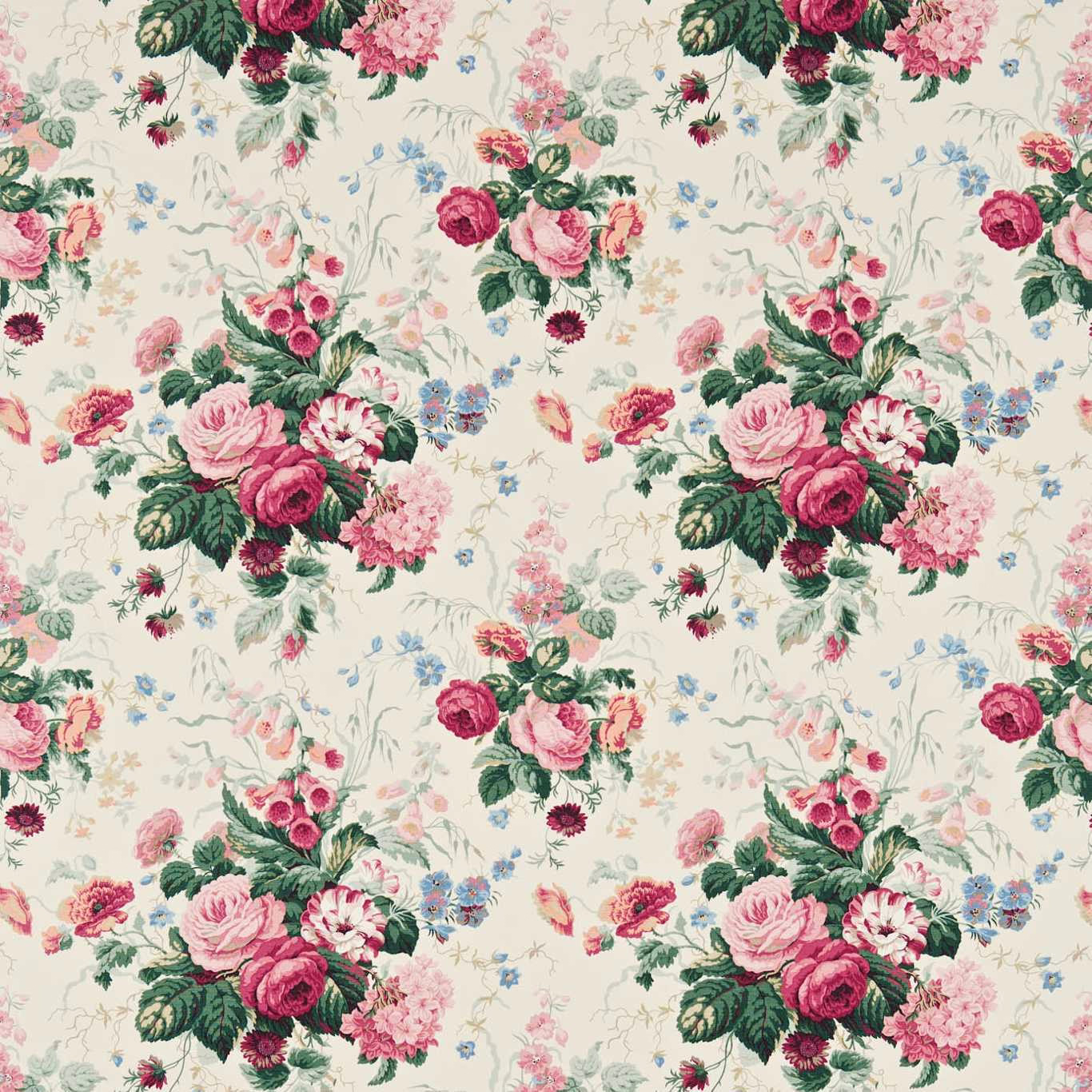 Cream floral fabric with pink roses, green leaves and blue sprigs