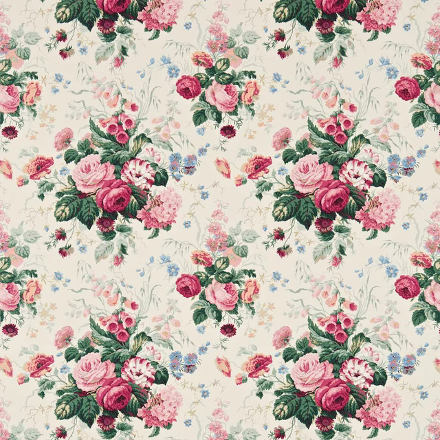 Cream floral fabric with pink roses, green leaves and blue sprigs