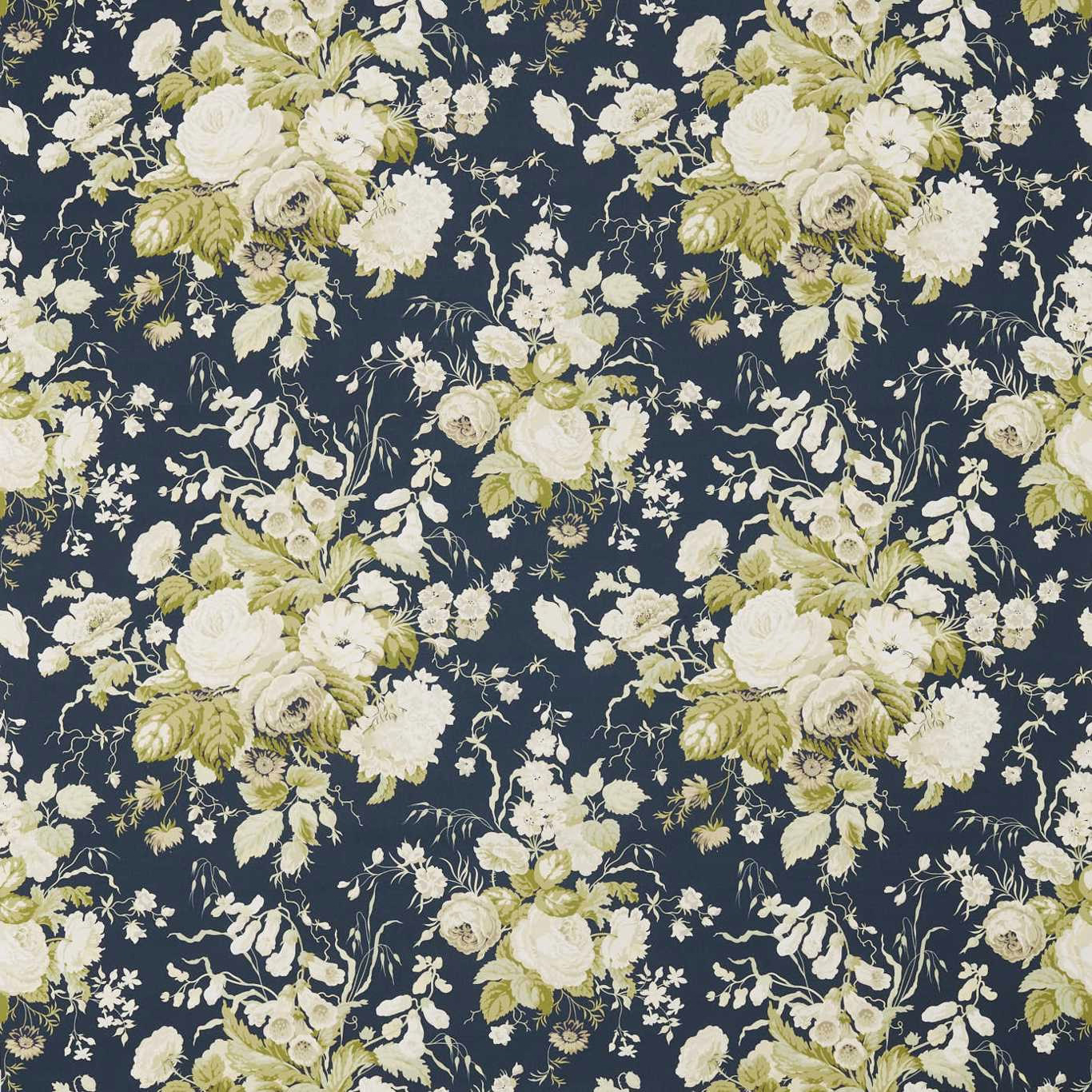 Large-scale ivory and olive floral pattern on a deep navy fabric ground
