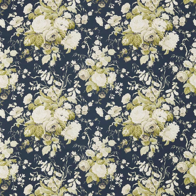 Large-scale ivory and olive floral pattern on a deep navy fabric ground