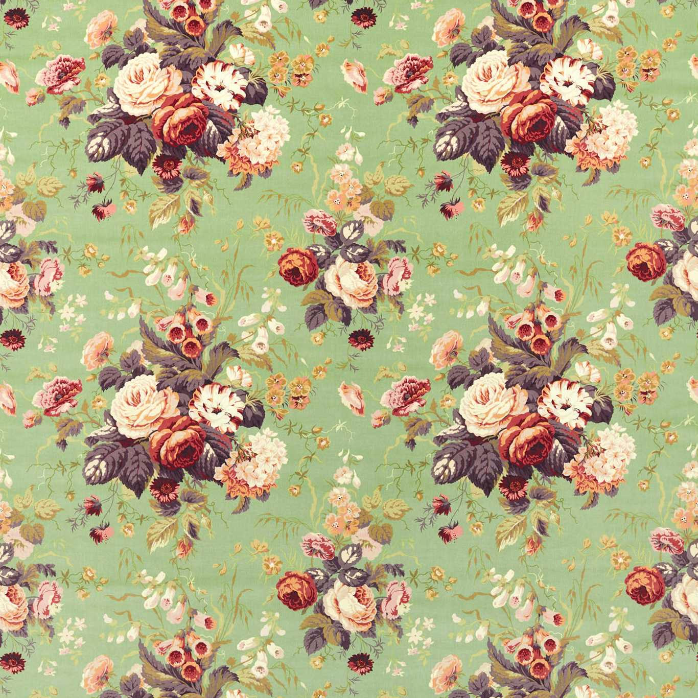 Minty olive floral fabric with large bouquets and burgundy, cream and blush blooms