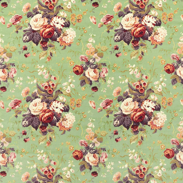 Minty olive floral fabric with large bouquets and burgundy, cream and blush blooms